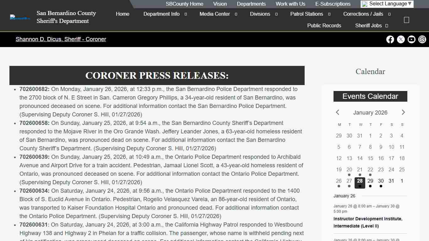 SAN BERNARDINO COUNTY CORONER Press Releases – San Bernardino County Sheriff's Department